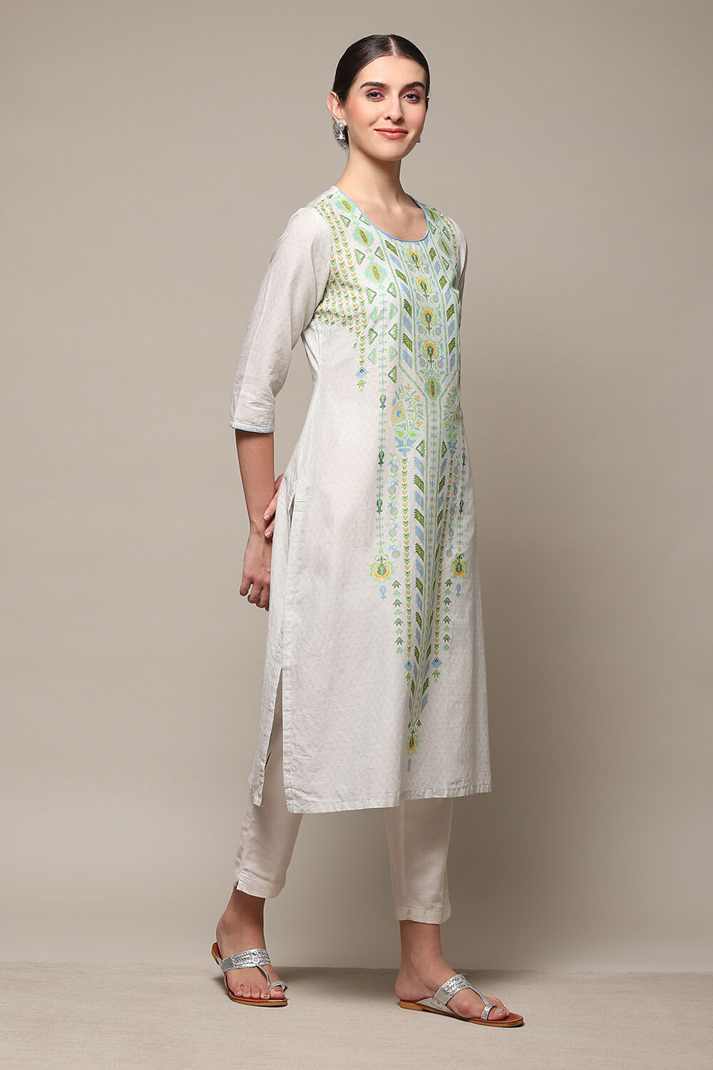 Blue Cotton Straight Printed Kurta image number 3