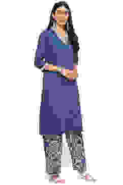 Blue Cotton A-Line Kurta Palazzo Suit Set image number 6