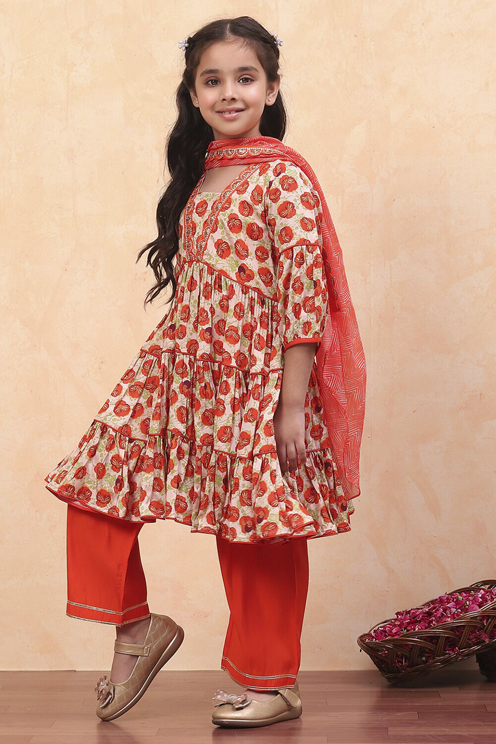 Orange Viscose Floral Printed Festive Tiered Suit Set image number 3