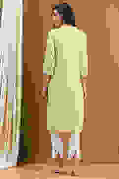 Light Lime Green Cotton Solid Regular Fit Straight Kurta image number 3