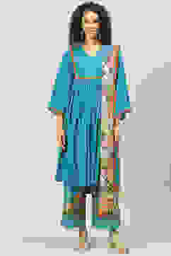 Turquoise Blue Art Silk Gathered Kurta Palazzo Suit Set image number 4