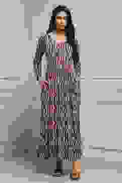 Beige & Brown Cotton Blend Flared Printed Dress image number 5