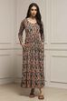 Beige & Brown Cotton Blend Flared Printed Dress image number 5