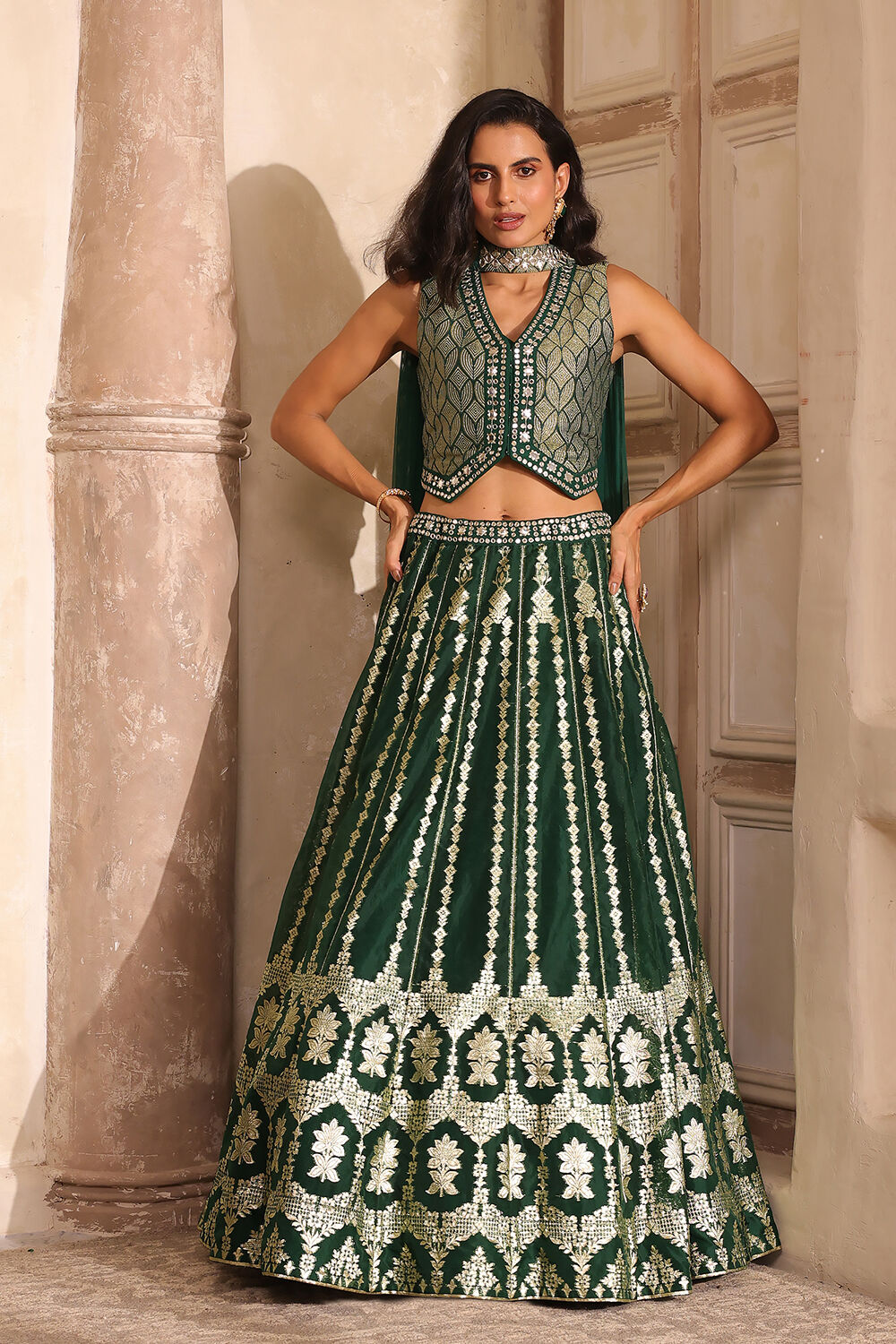 Green Jacquard Printed Mirror Work Lehenga Set image number 0