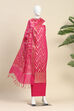 Hot Pink Poly Cotton Banarasi Unstitched Suit Set image number 4