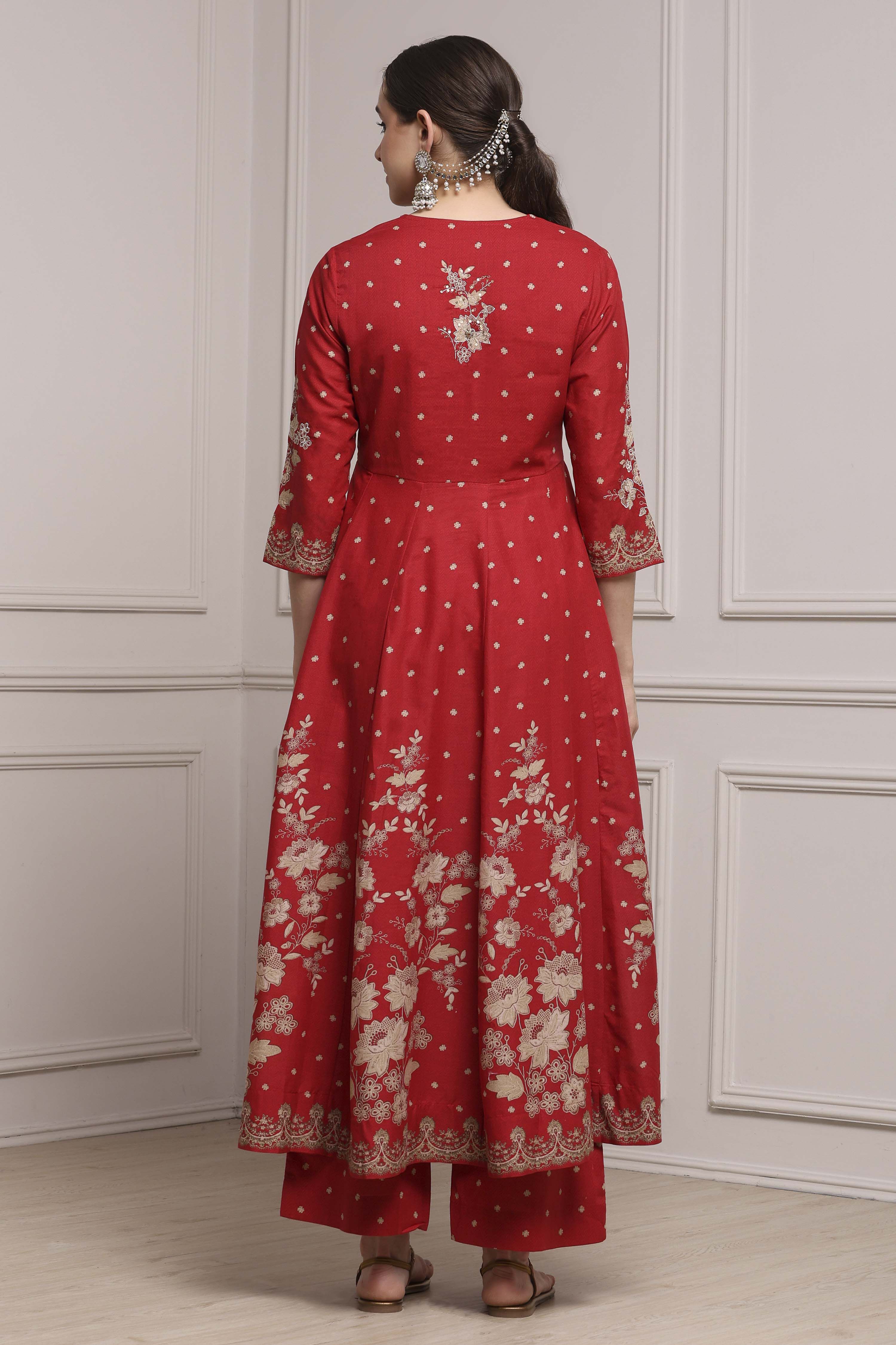 Red Cotton Anarkali Printed Suit Set image number 4