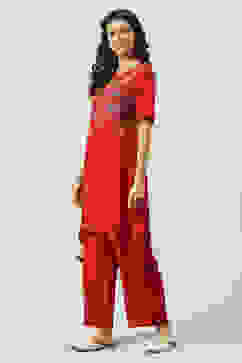Red Printed LIVA Asymmetric Kurta Palazzo Suit Set image number 0
