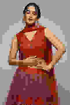 Red Nylon Embroidered Lehenga Set image number 1