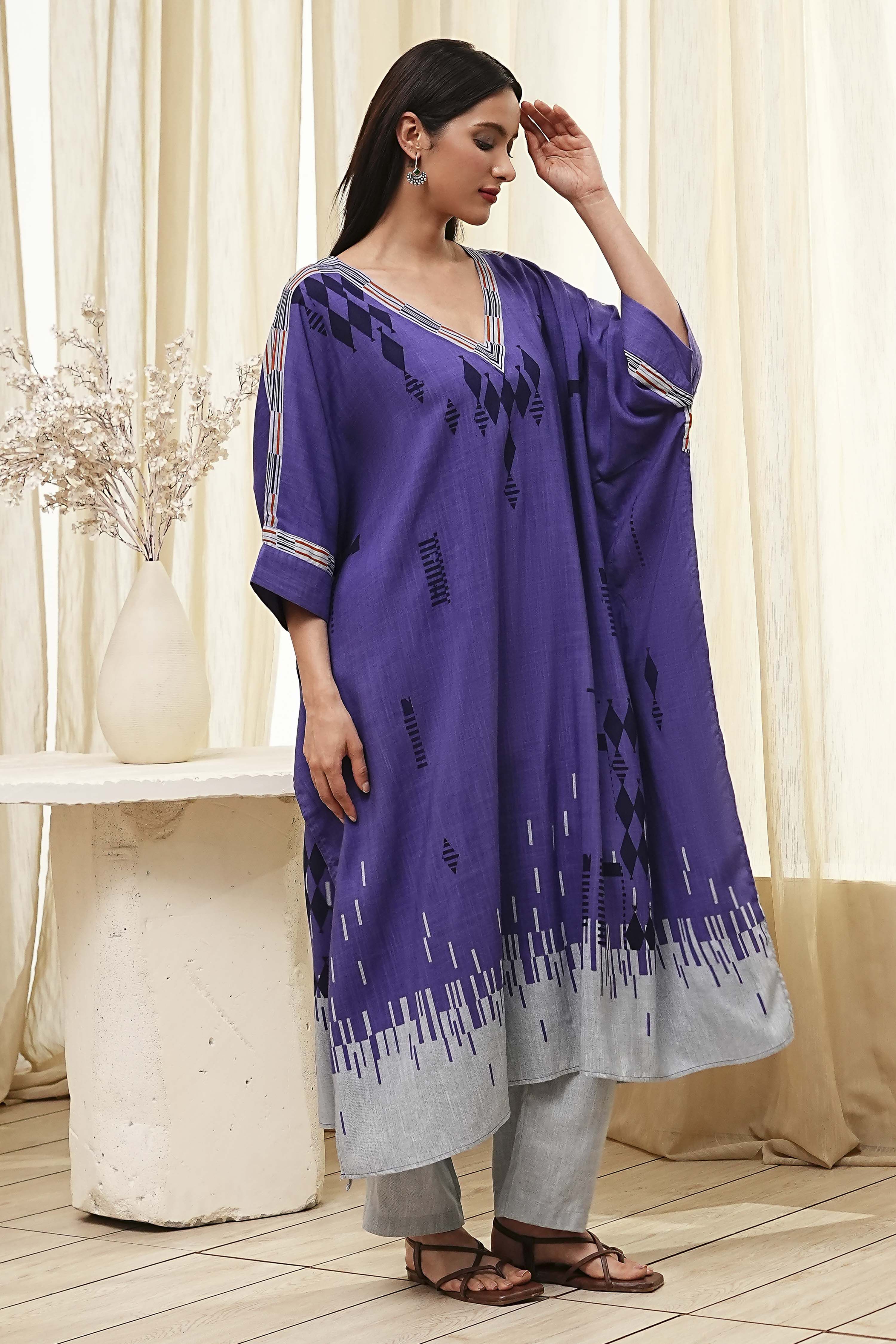 Blue Printed Kaftan-Style Kurta Set image number 5
