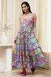 Turquoise Cotton Floral Printed Tiered Dress image number 7