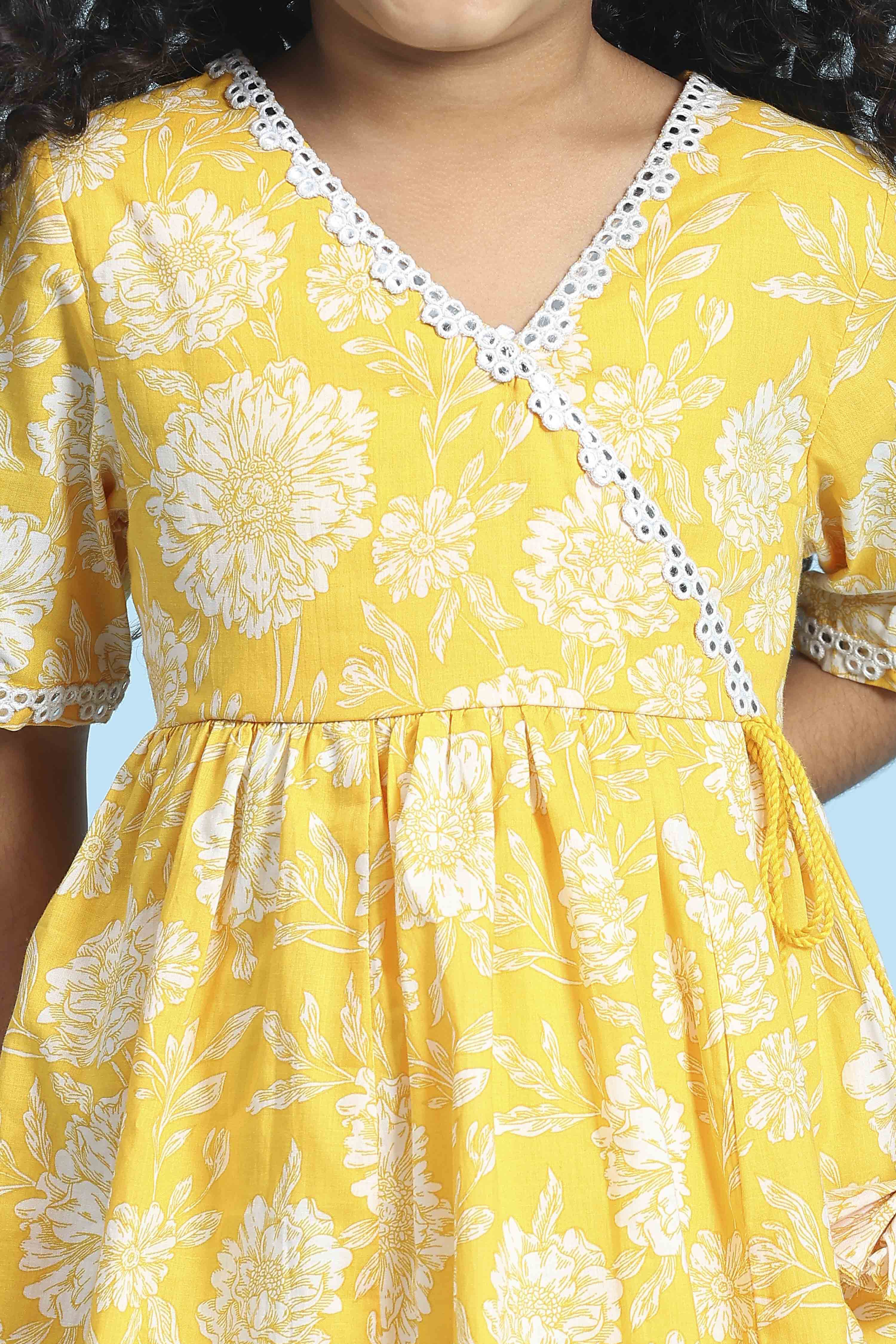 Yellow Cotton Printed Anarkali Kurta Set image number 1