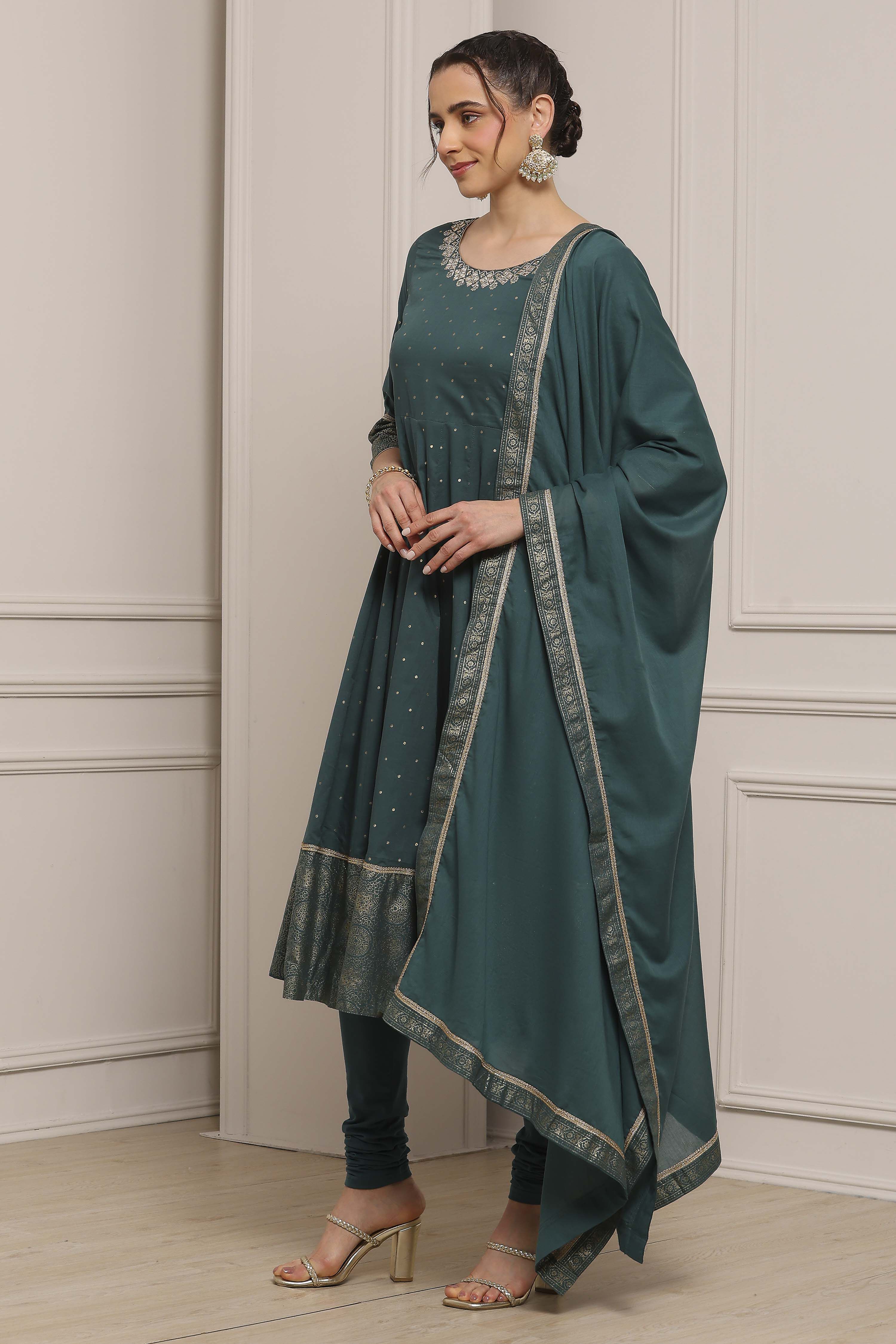 Teal Cotton Printed Anarkali Suit Set image number 3