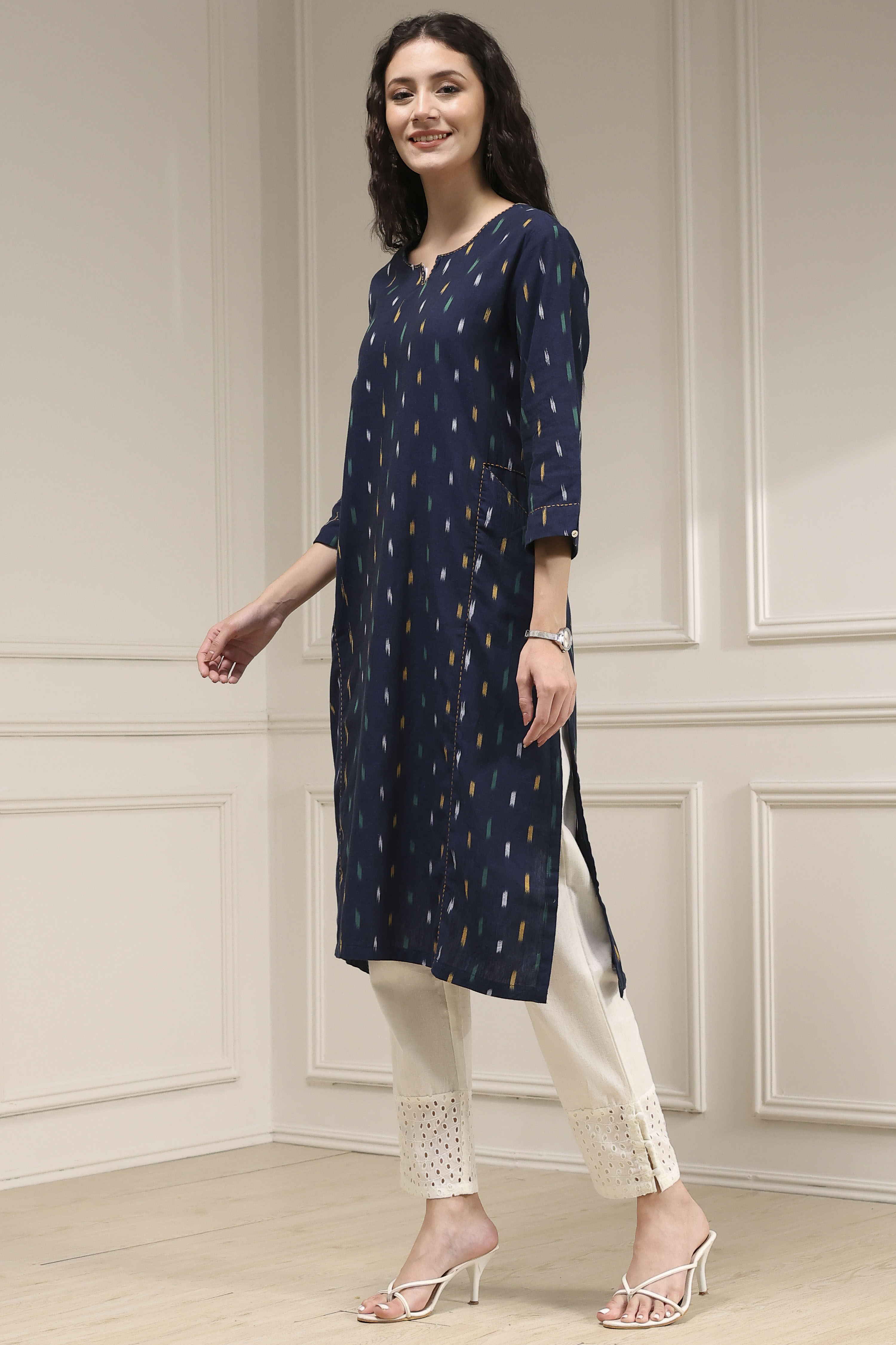 Indigo Blue Cotton Ikat Straight Kurta image number 2
