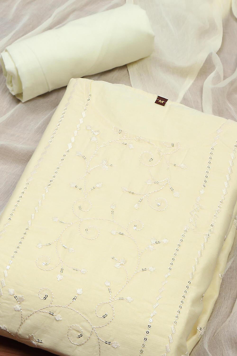 Peach Modal Satin Machine Embroidered Unstitched Suit Set image number 1