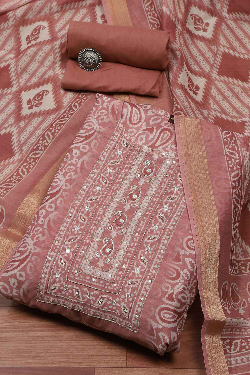 Magenta Chanderi Digital Print Unstitched Suit Set image number 0