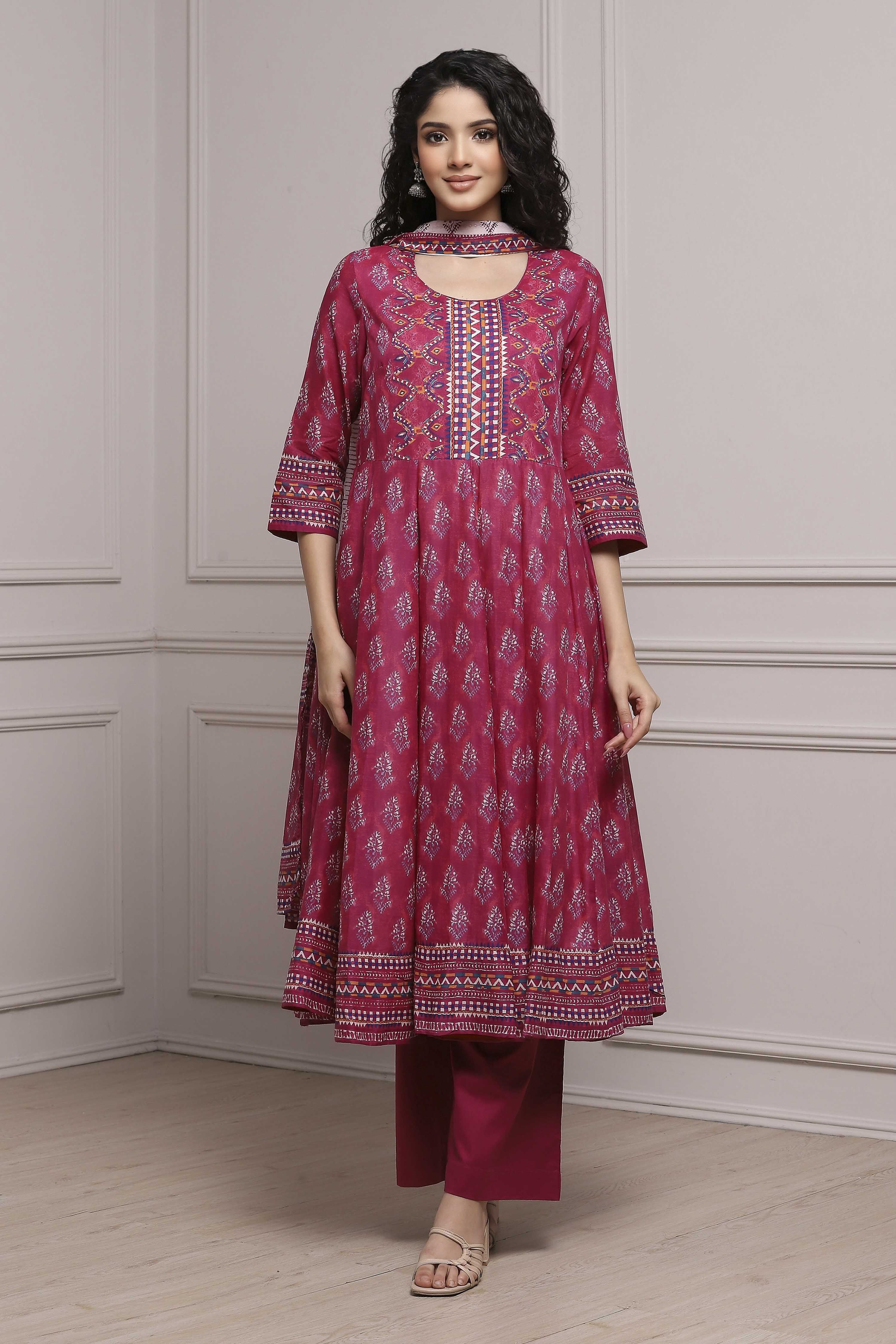 Magenta Cotton Printed Anarkali Suit Set image number 6