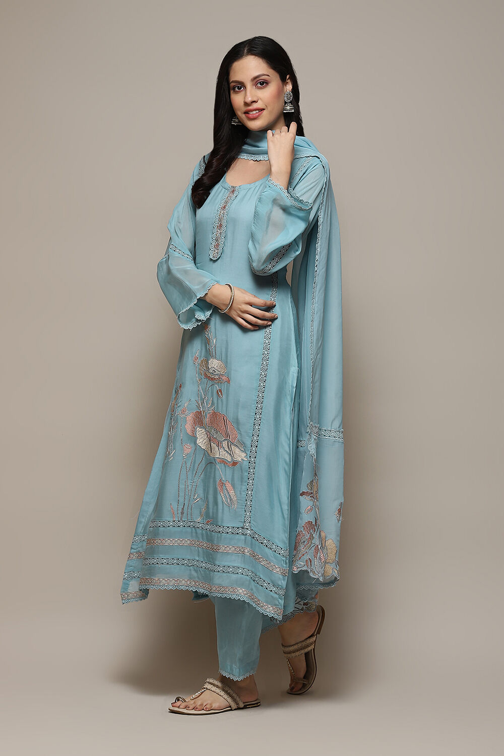 Blue Organza Digital Print Unstitched Suit Set image number 6
