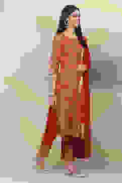 Red Cotton Straight Kurta Slim Pant Suit Set image number 6