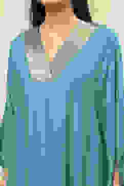 Teal Blue Solid Kaftan-Style Kurta Set image number 1