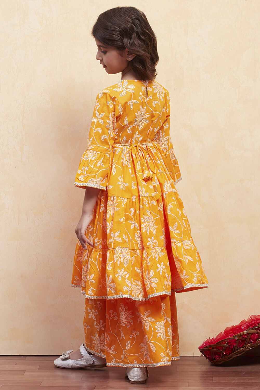 Orange Cotton Printed Tiered Kurta Set image number 4