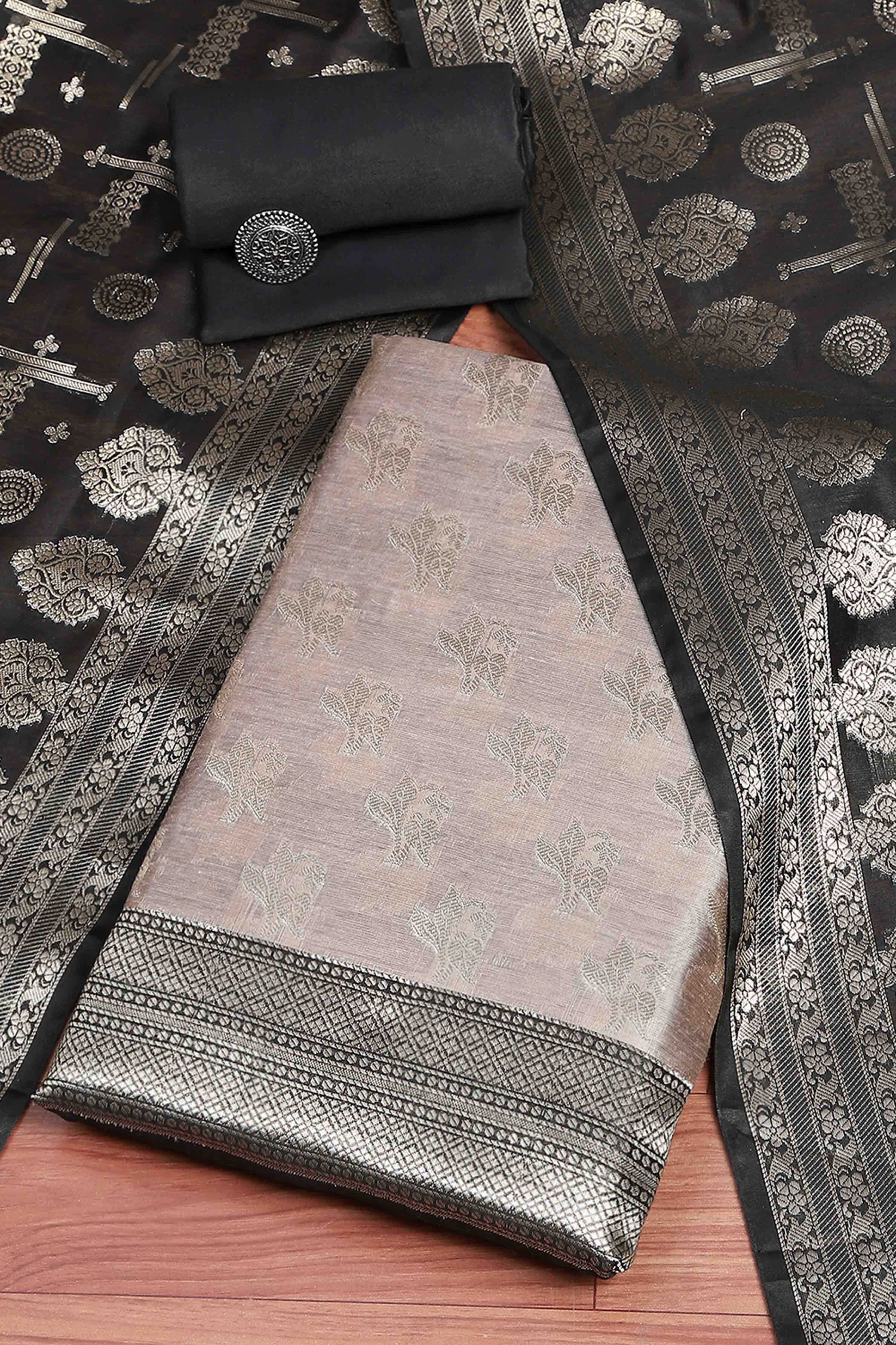 Wine Poly Silk Banarasi Unstitched Suit Set image number 0