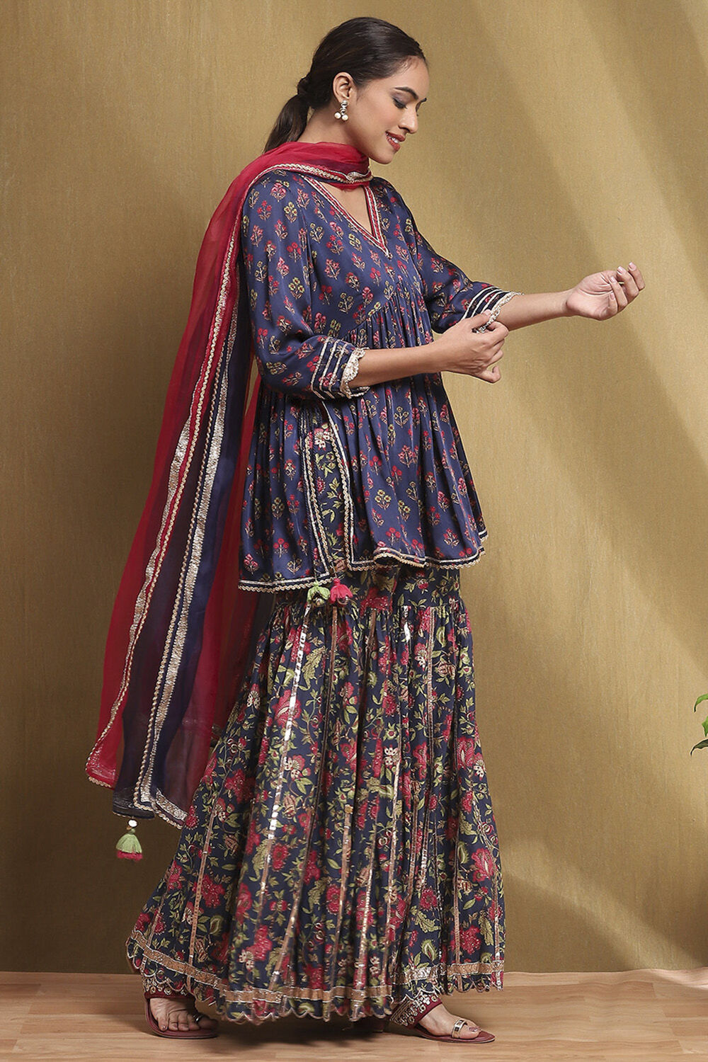 Navy Blue Viscose Floral Peplum Suit Set image number 5