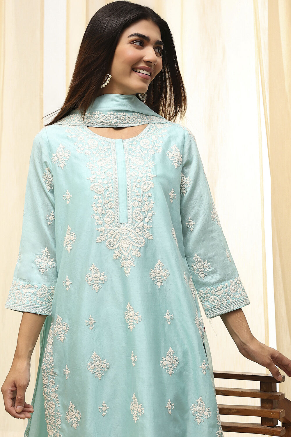 Aqua Cotton Silk Embroidered Straight Suit Set image number 1