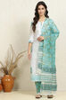 White and Pink Cotton Floral Hand Block Unstitched Suit Set image number 7