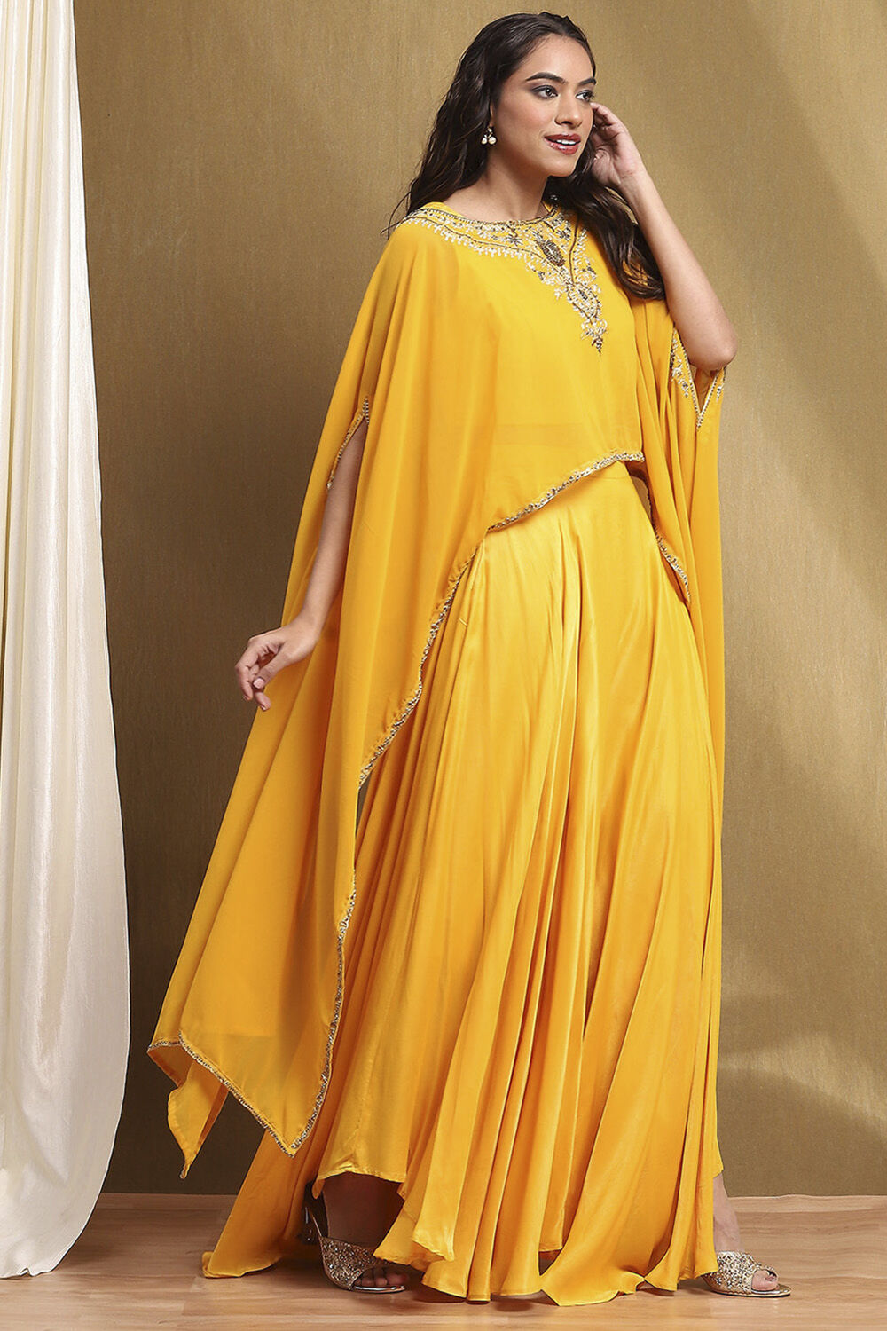 Yellow Embroidered Fusion Set image number 5