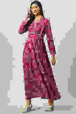 Berry Acrylic Flared Printed Dress image number 2