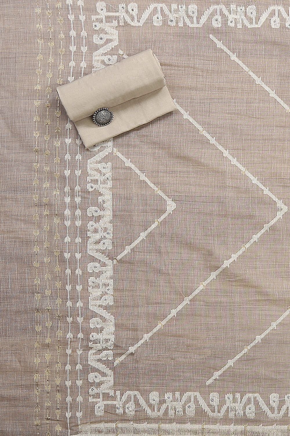 Beige Cotton Printed Embroidered Unstitched Suit Set image number 3