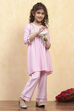 Pink Polyester Dyed Gathered Suit Set