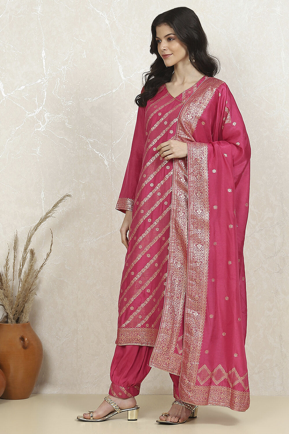 Pink Cotton Printed Embroidered Unstitched Suit Set image number 4