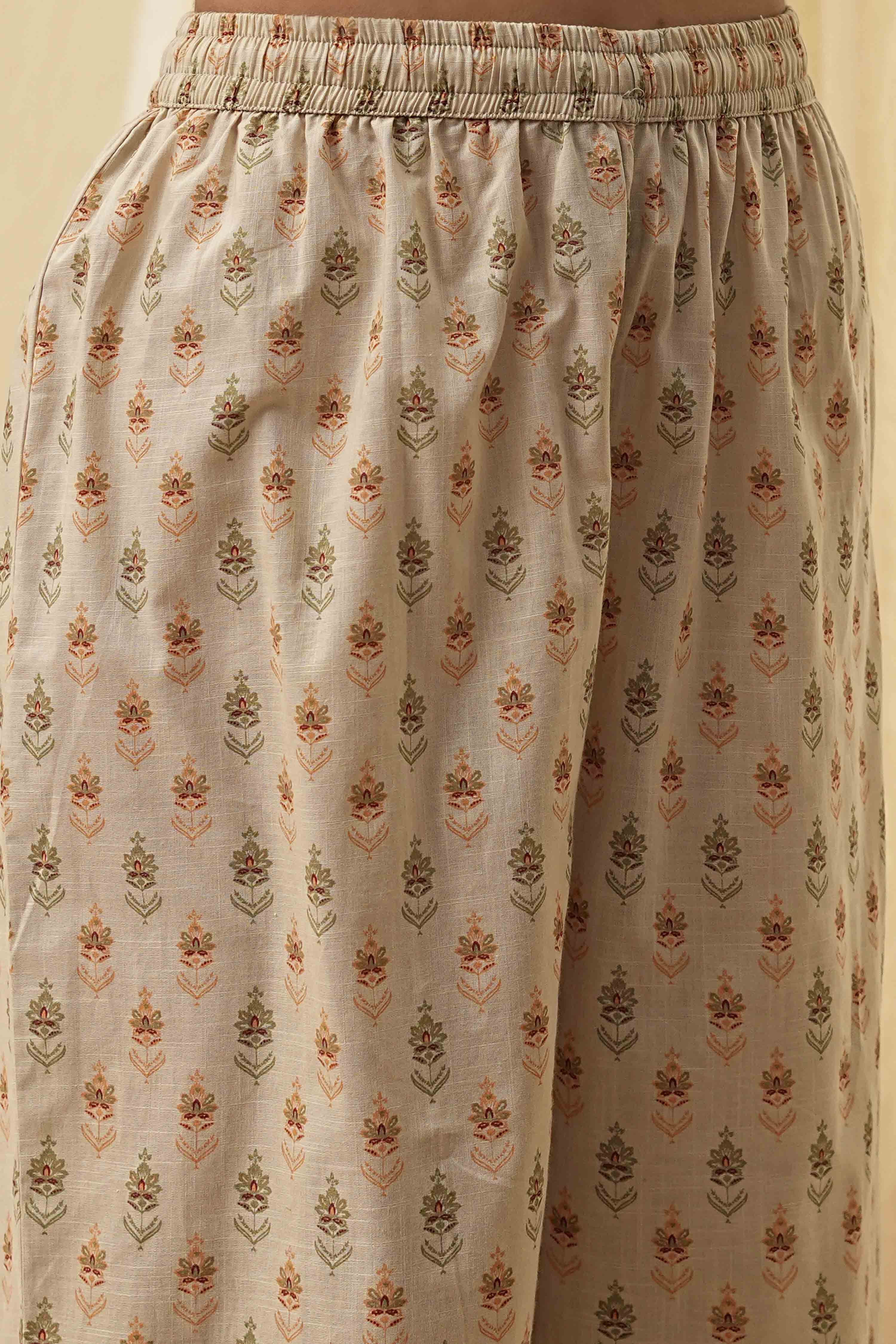 Beige Pure Cotton Floral Kalidar Kurta Set image number 2