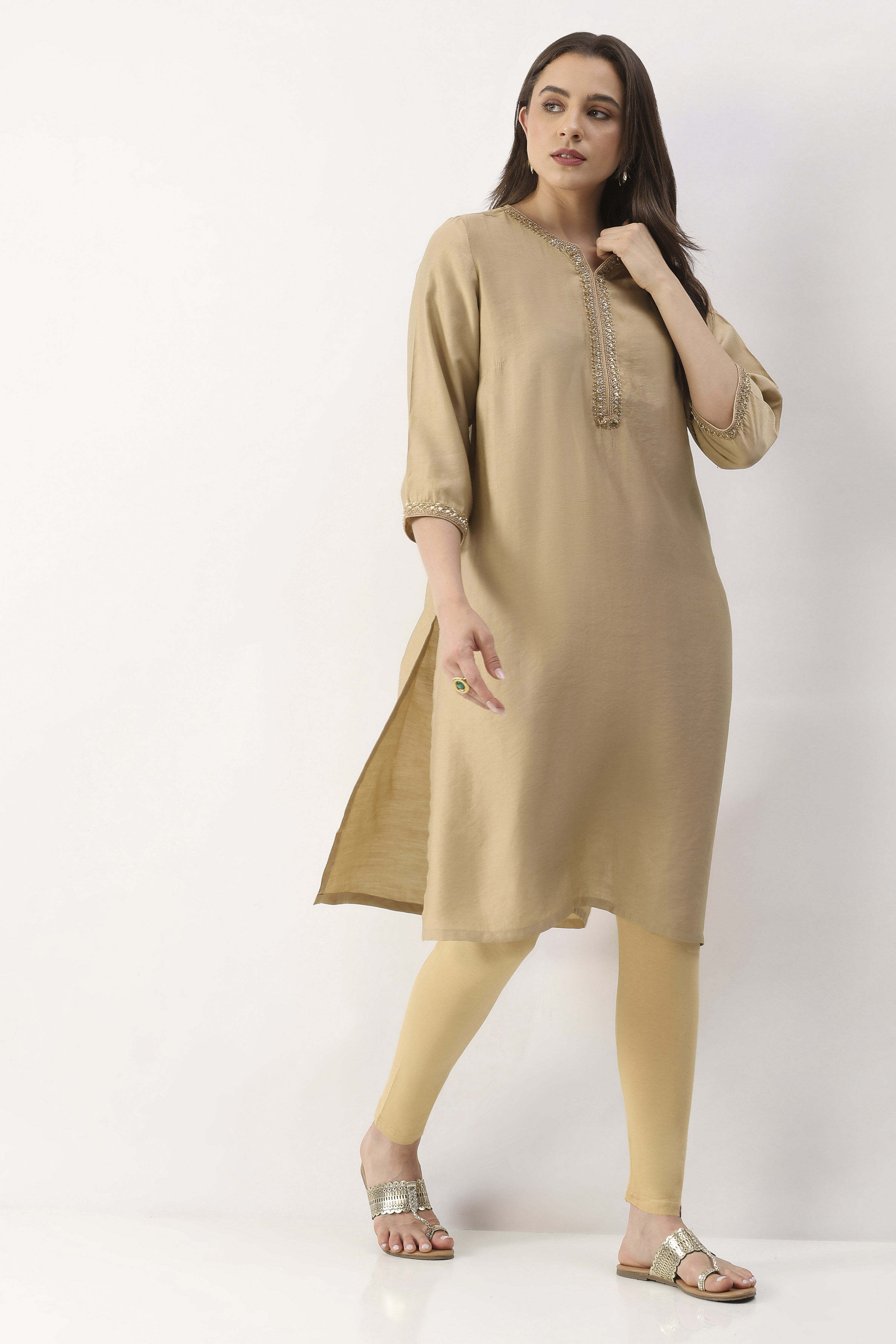 Beige Cotton Lycra Leggings image number 0