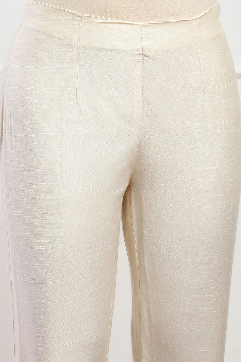 Cream Polyester Slim Yarndyed Pants image number 1