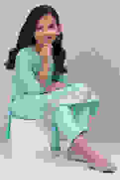 Blue Cotton Straight Printed Kurta Set image number 5