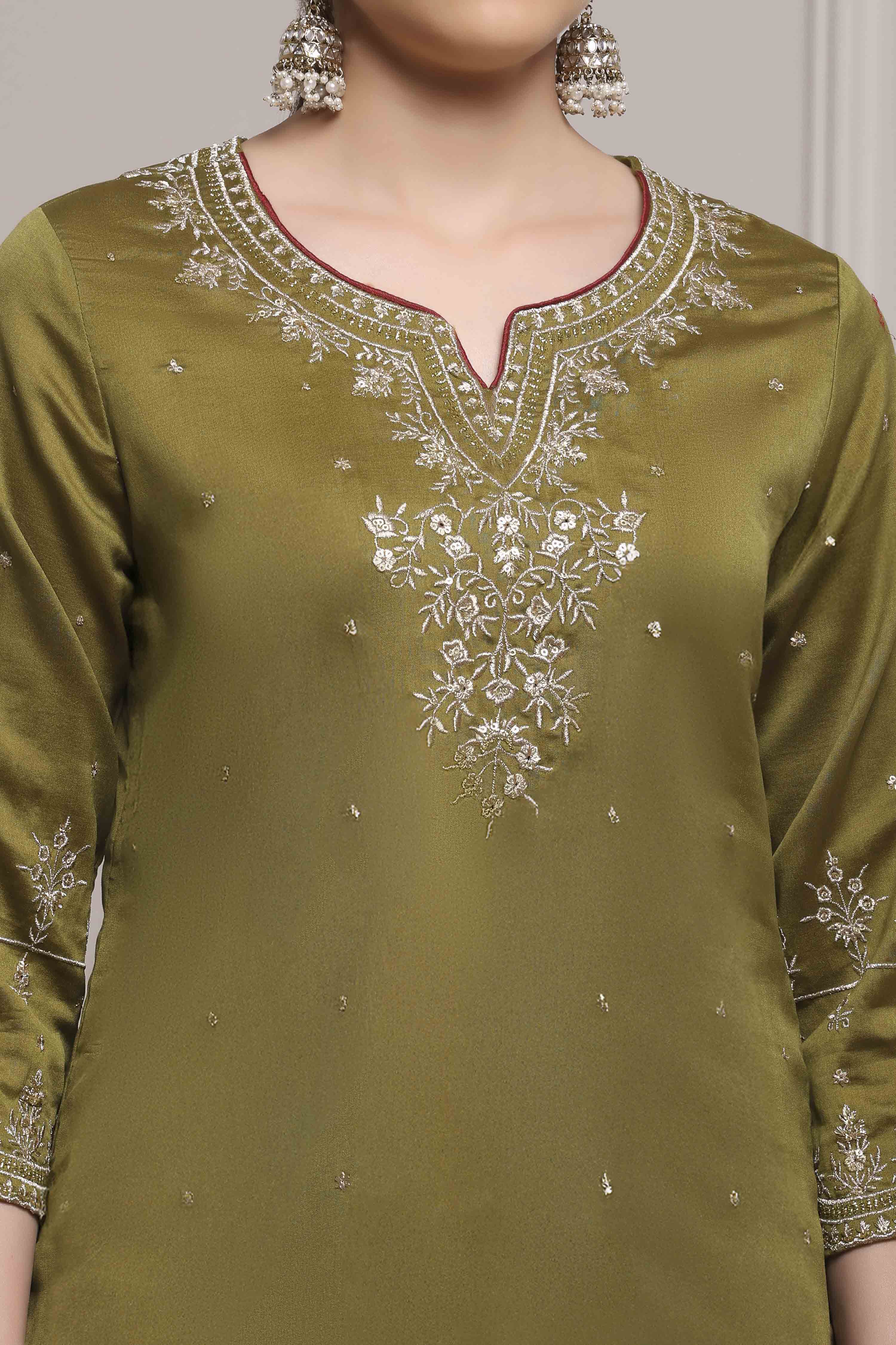 Mehndi Green Cotton Silk Straight Suit Set image number 3