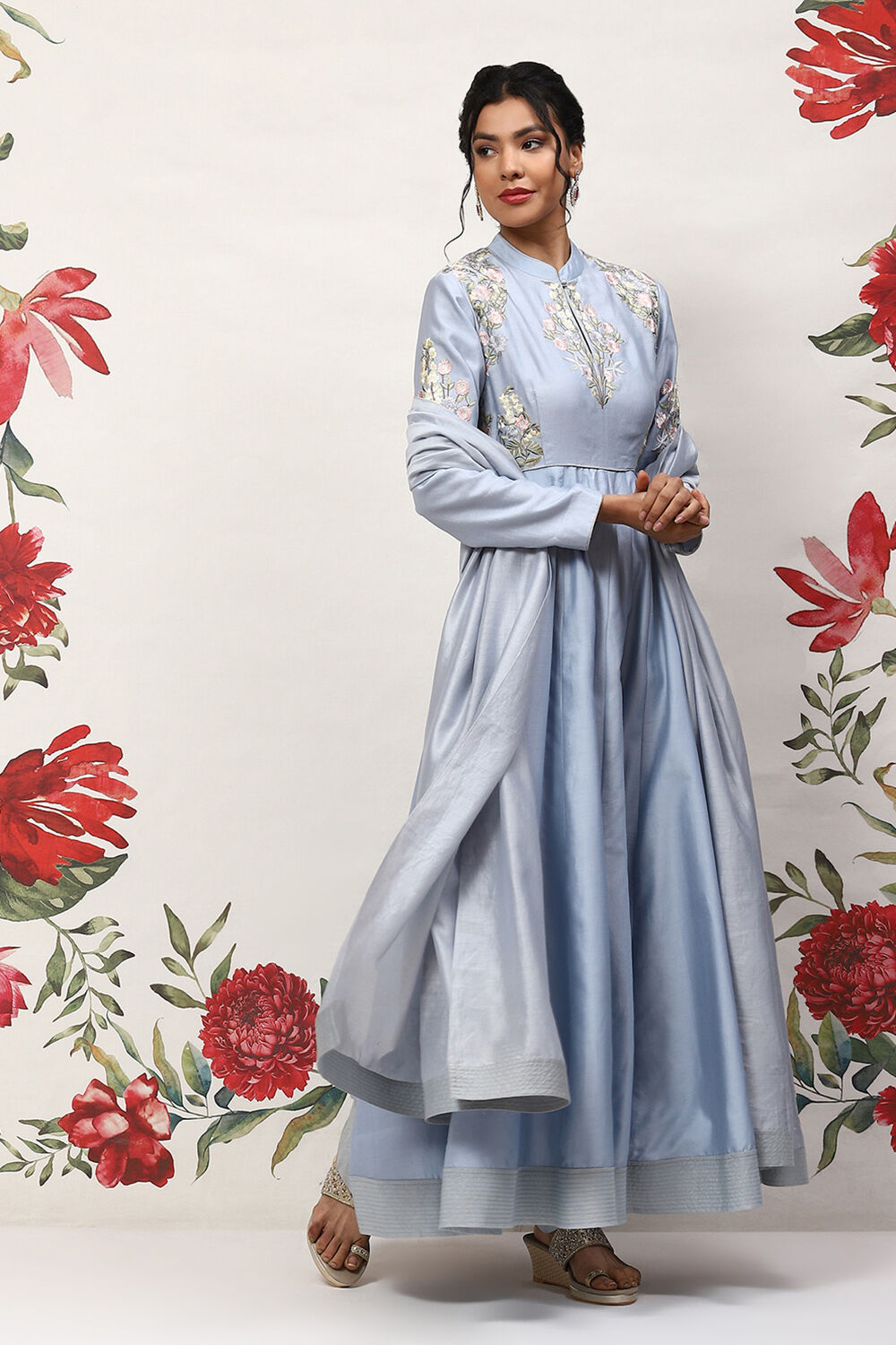 Powder Blue Cotton Blend Anarkali Kurta Suit Set image number 6