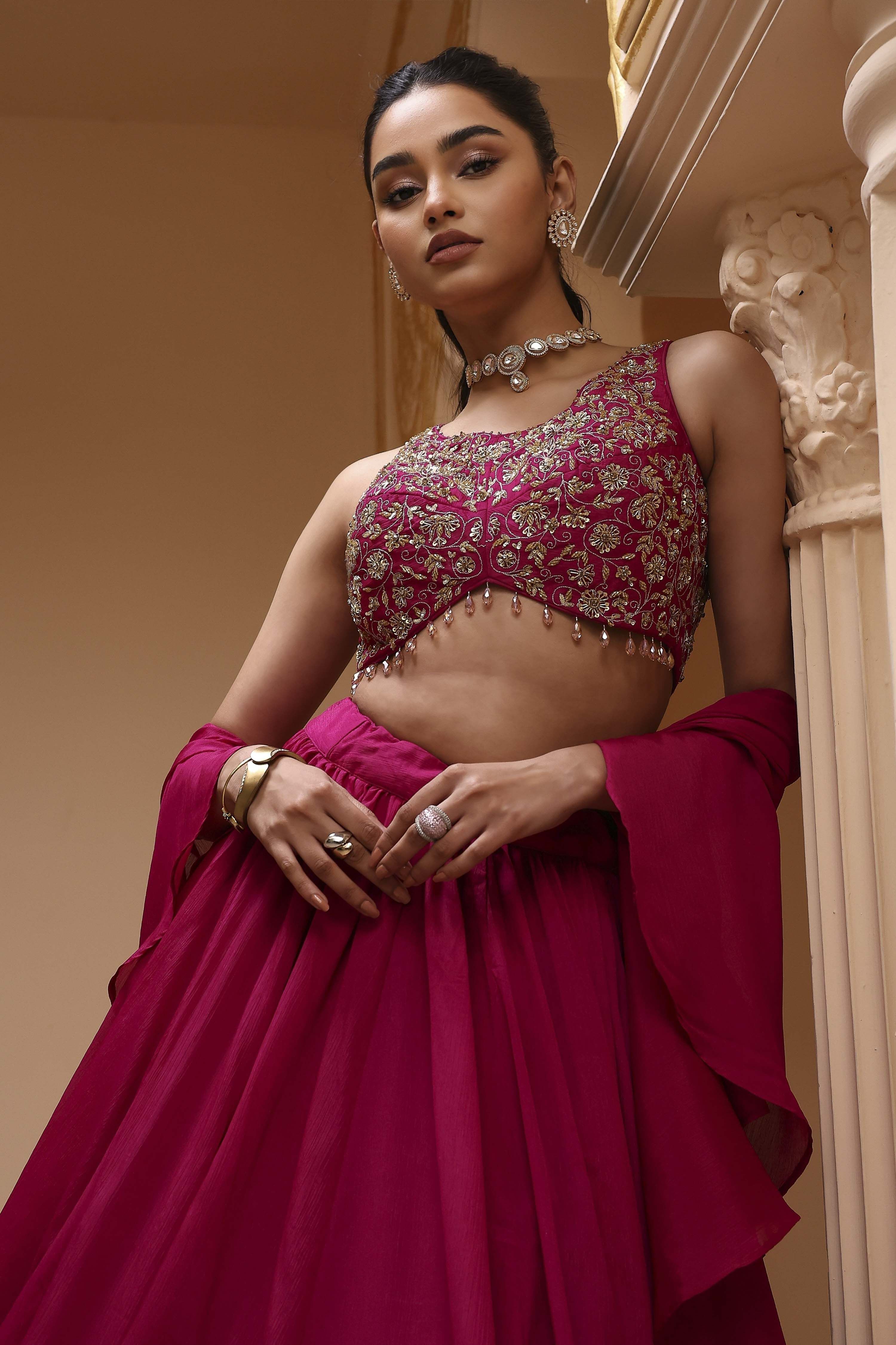 Berry Pink Pure Chinnon Hand Embroidered Lehenga Set image number 7