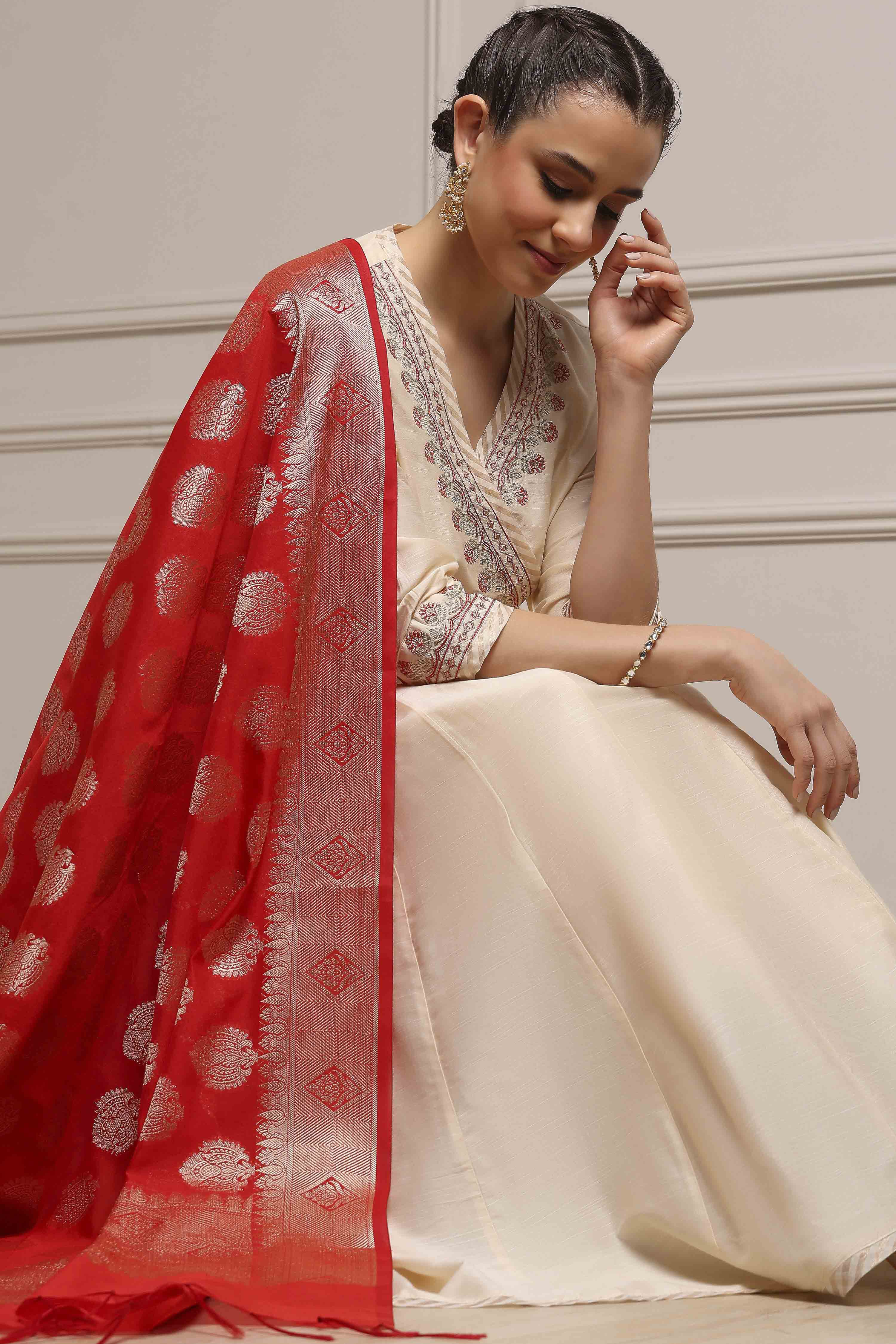 Fuchsia Embroidered Angrakha Festive Anarkali Suit Set image number 7