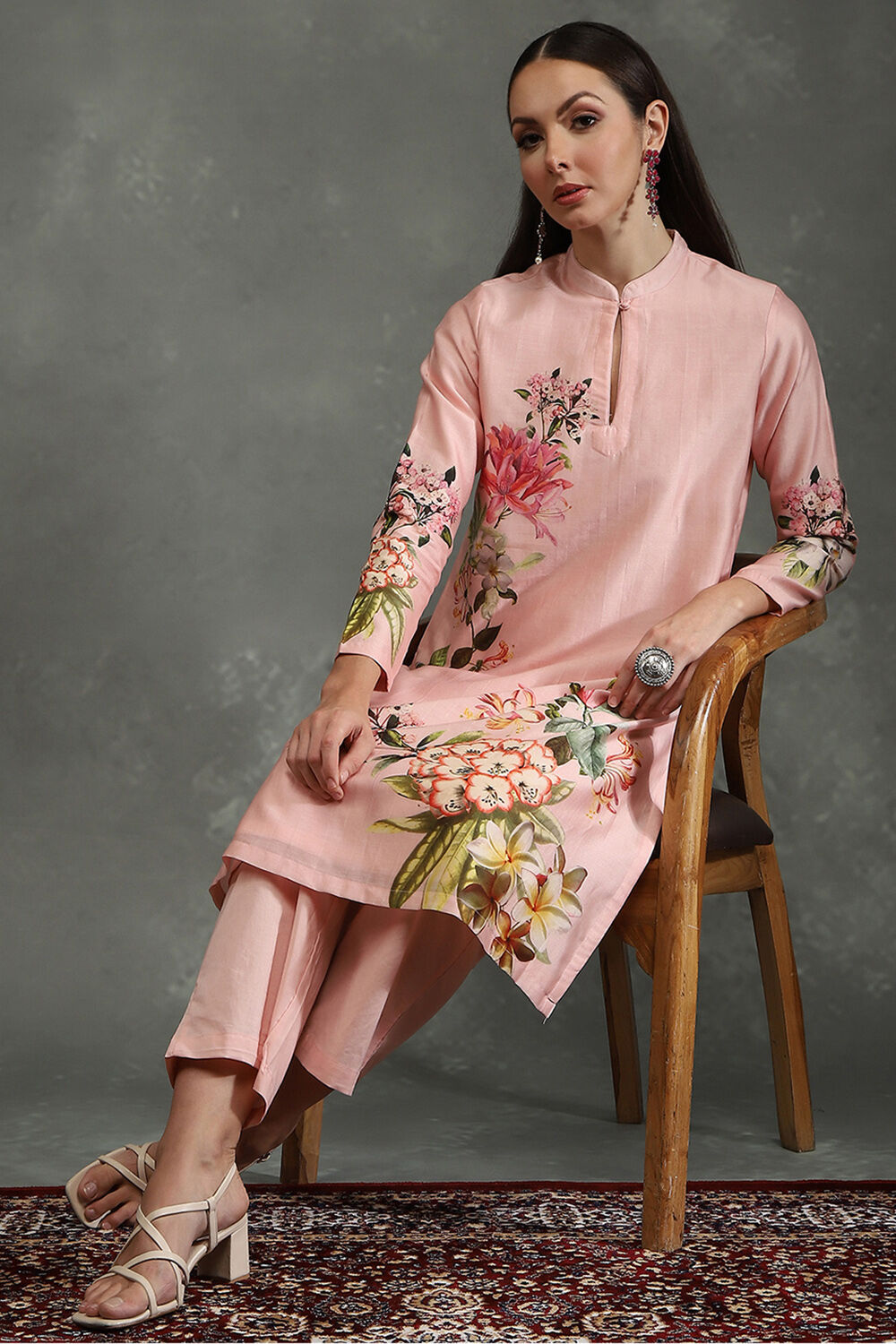 Ivory Silk Chanderi Floral Printed Straight Kurta Set image number 0