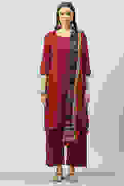 Maroon Cotton Straight Kurta Palazzo Suit Set image number 8