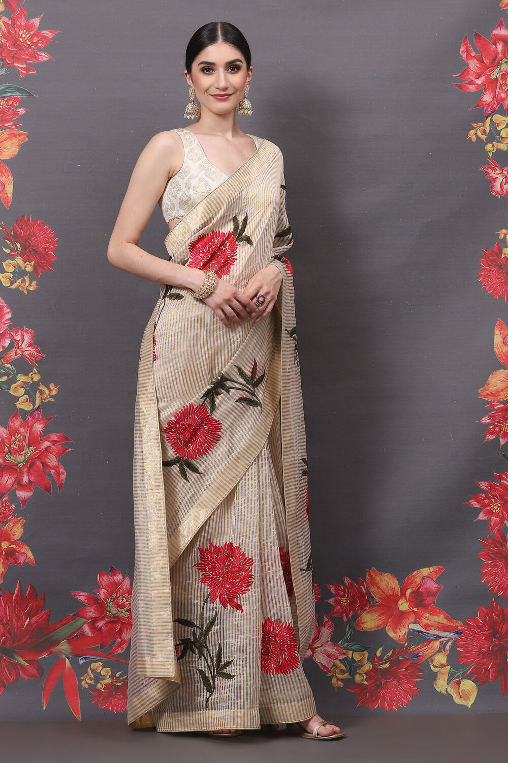Off White Silk Blend Embroidered Saree image number 0