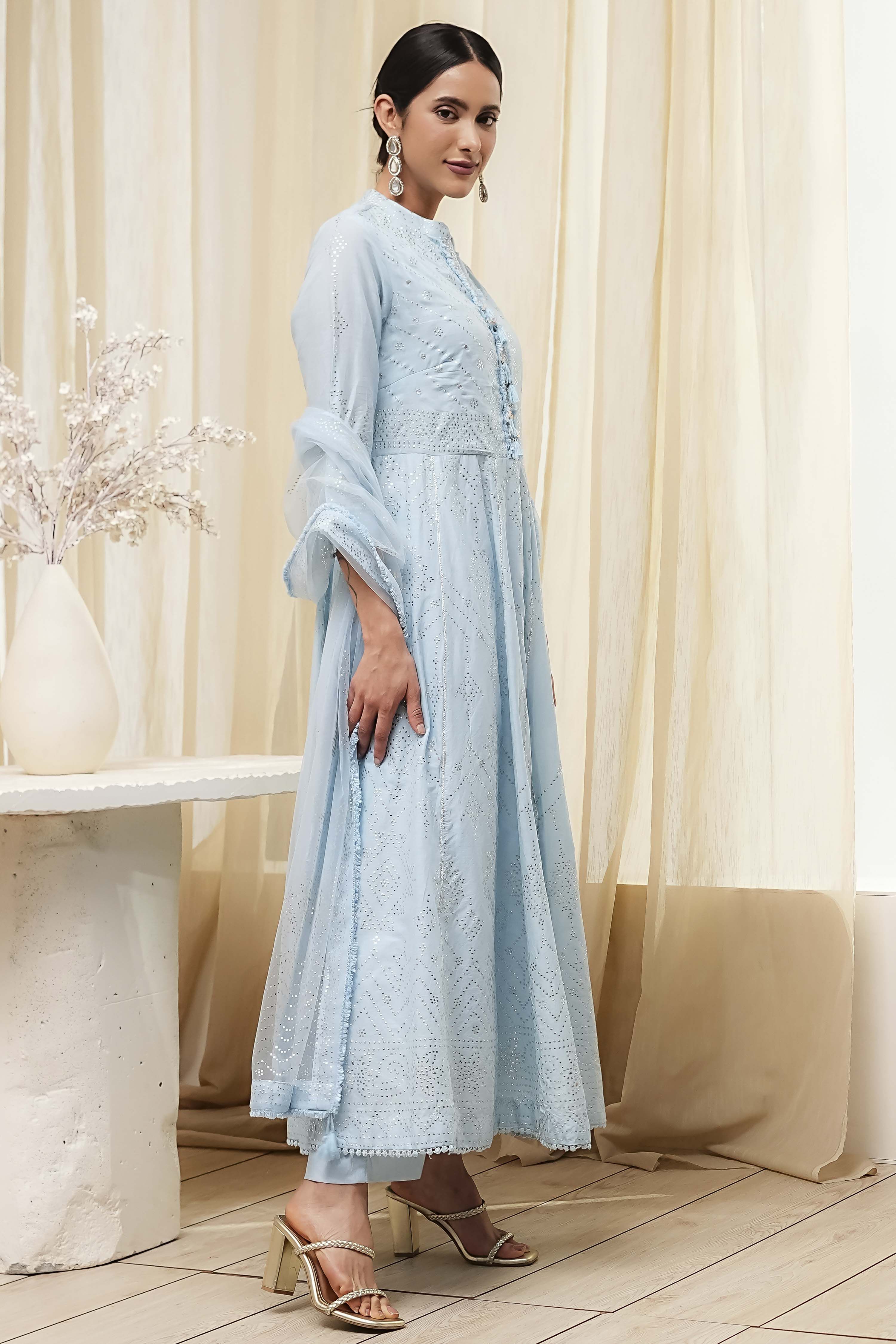 Off-White Cotton Embellished Anarkali Suit Set image number 5