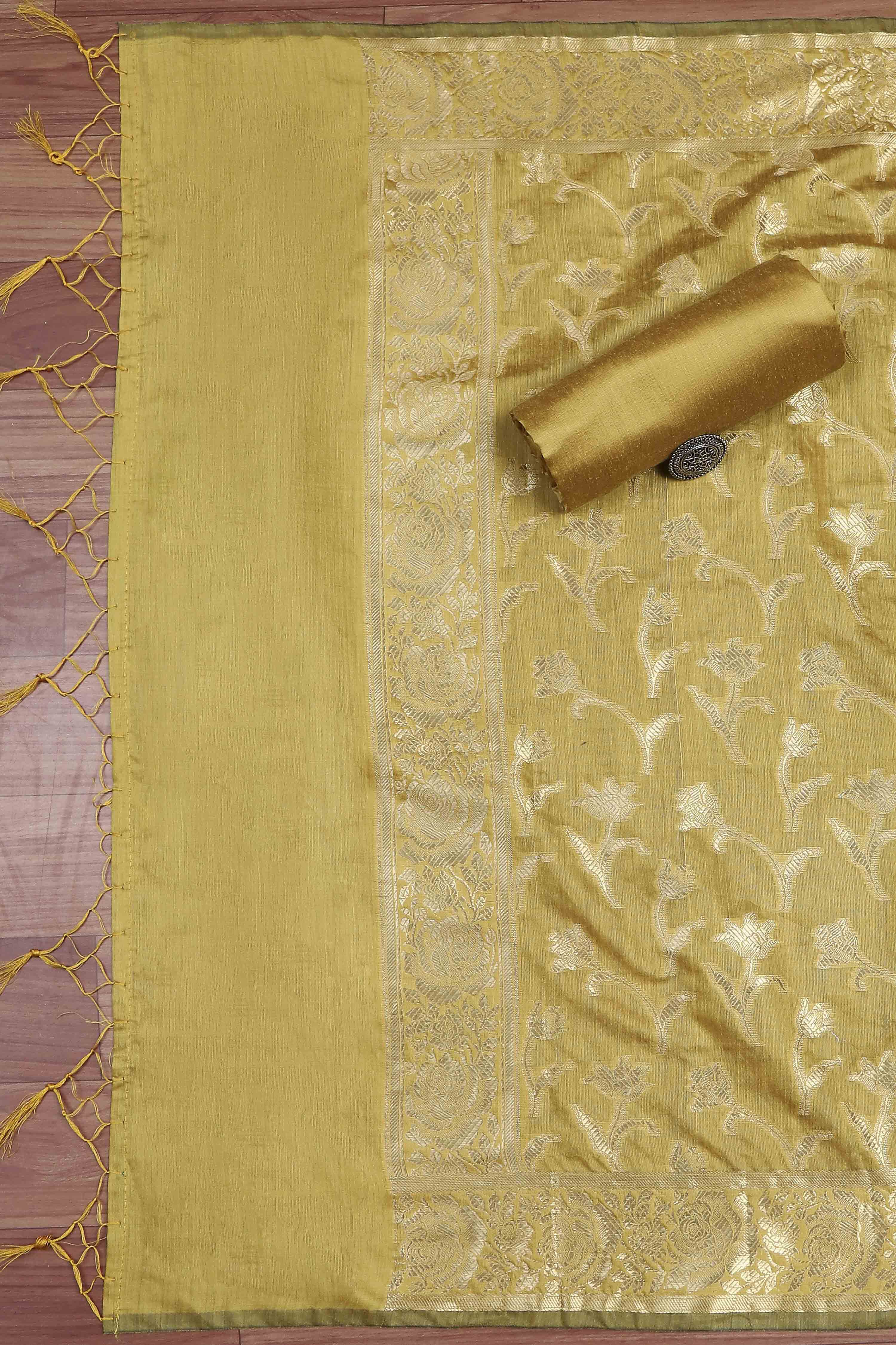 Yellow Banarasi Chanderi Banarasi Print Unstitched Suit Set image number 3