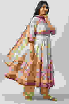 Beige Cotton Blend Anarkali Kurta Palazzo Suit Set image number 6