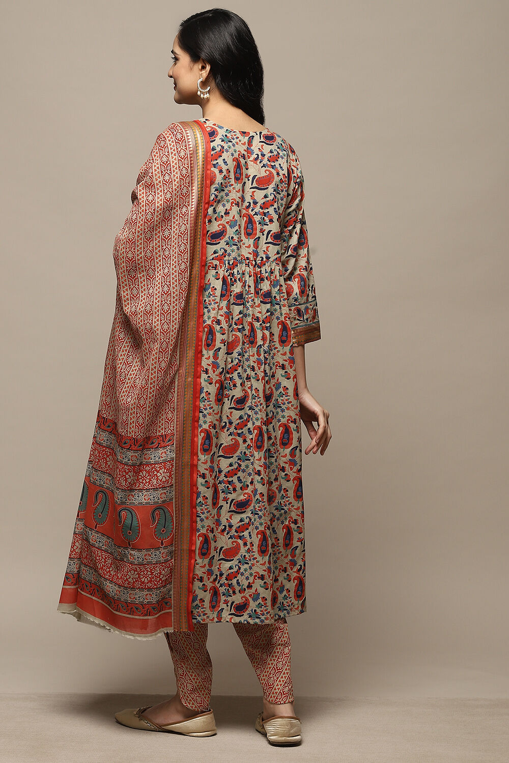 Red Cotton Hand Block Print Unstitched Suit Set image number 3