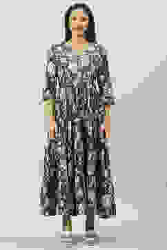 Navy Cotton Tiered Printed Dress image number 5