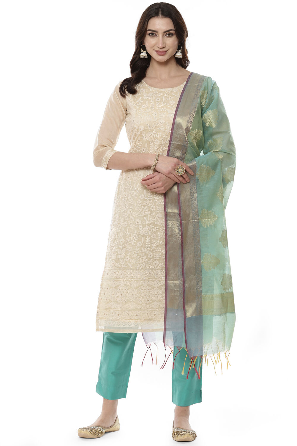 Beige Cotton Blend Machine Embroidered Unstitched Suit Set image number 0